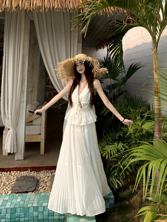 Fairy's complete outfit: strappy v-neck lace vest skirt two-piece set R1738