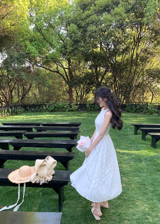 French style white sleeveless halter neck off-shoulder dress midi dress women's summer new style R4377