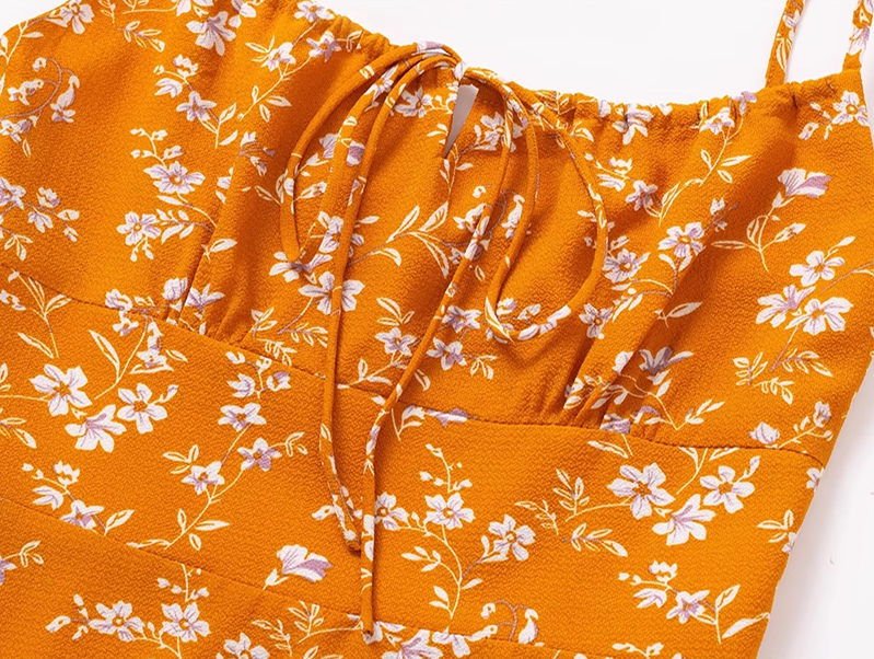 2025 Summer New Yellow Floral Sexy V-neck Mid-length Holiday Suspender Dress R0964