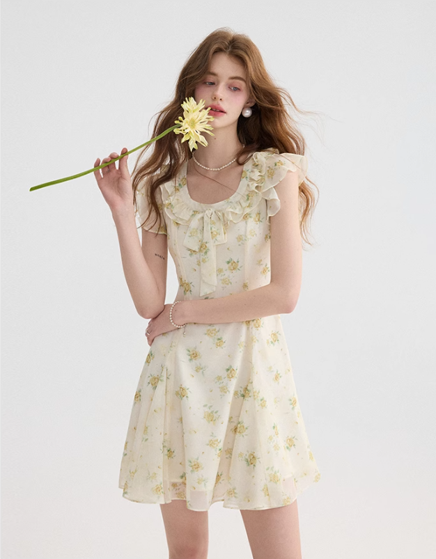 French tea break style floral dress ruffled short skirt R2701