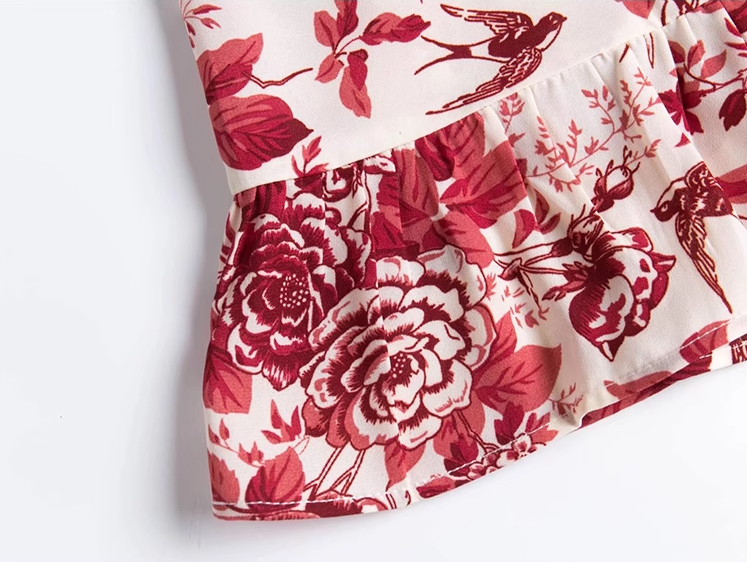 2025 summer new V-neck floral petite red A-line holiday suspender dress R0963