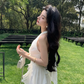 Gentle temperament ruffled V-neck halter dress beautiful waist A-line long skirt R0787