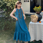 Fairy simple and elegant French blue suspender dress v-neck hollow woven knitted cardigan suit R1760