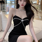 Hepburn style celebrity niche party dress dress female summer new high-end sling hip skirt R3387