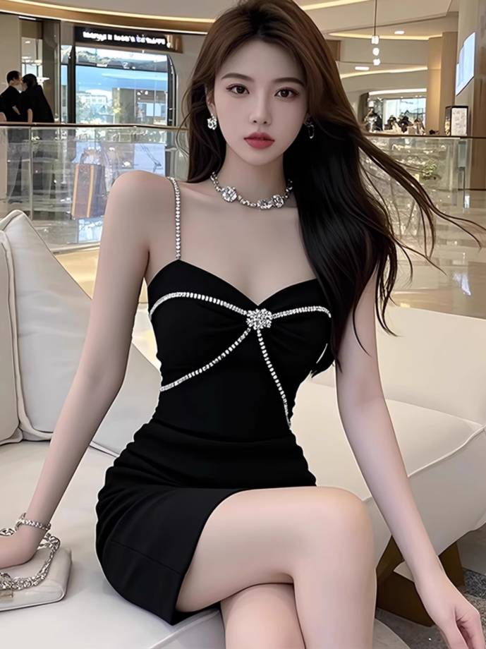 Hepburn style celebrity niche party dress dress female summer new high-end sling hip skirt R3387