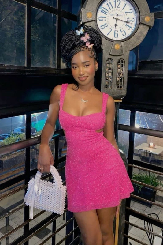 Rose red suspender sequin waist slimming A-line short skirt homecoming dress R3535