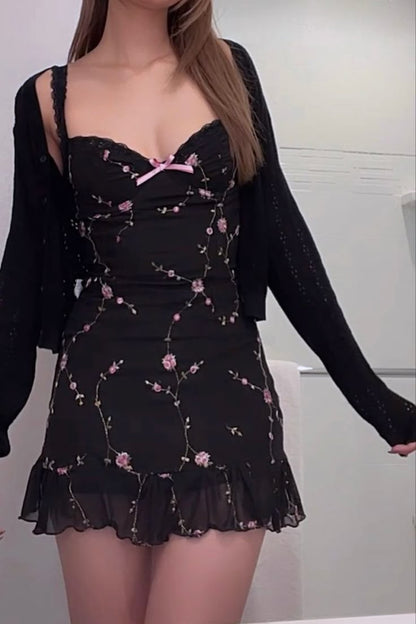 Black suspender sexy waist lace edge flower design homecoming dress R2775
