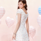 Petal Neck Waist Short Sleeve Cotton Printed Polka Dot Dress R5255