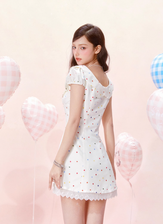 Petal Neck Waist Short Sleeve Cotton Printed Polka Dot Dress R5255