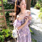 Purple long printed waist dress for women summer French retro temperament high-end skirt R4581