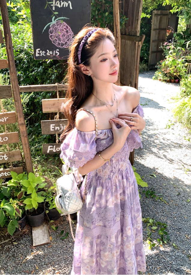 Purple long printed waist dress for women summer French retro temperament high-end skirt R4581