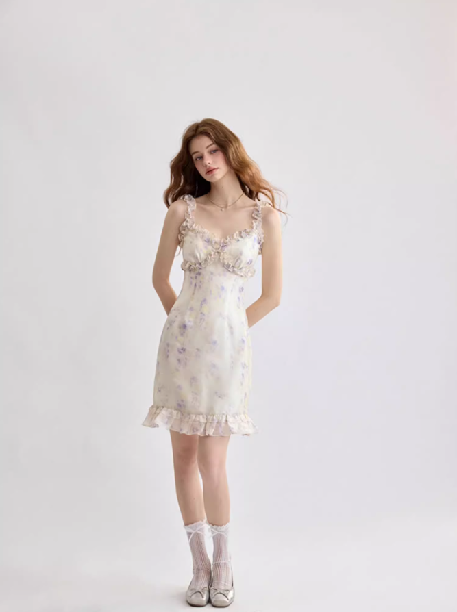 Private French floral suspender skirt wood ear edge dress holiday short skirt skirt R2712