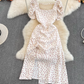 Holiday beach dress with open back, super fairy square collar, slim fit, puff sleeves, slit polka dot dress R0346