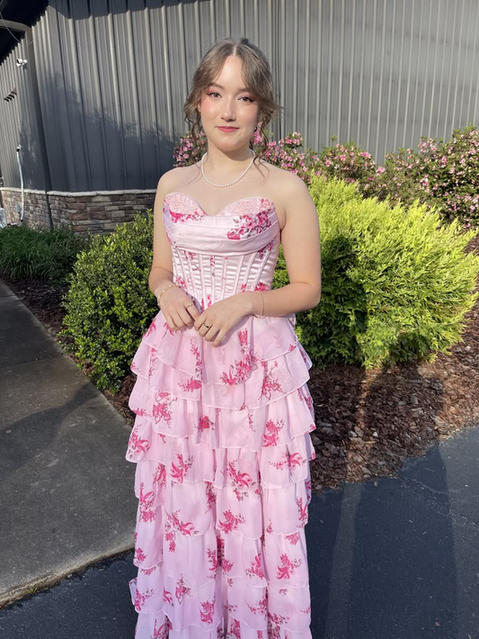 Girlish Floral Frilled Women's Prom Gown Pink Waist Fitted Maxi Evening Dress Birthday Dress — Fall Outfit 2026 New  RS3436