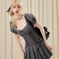 College style lace stitching gray puff short sleeve waist pleated dress R5210