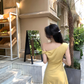 French off-shoulder yellow dress for women Korean style dating temperament slim short skirt R4296