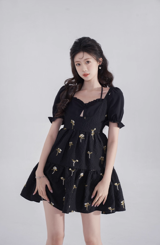 Black hollow high-end short skirt sweet jacquard baby doll skirt summer back bow dress for women R4114