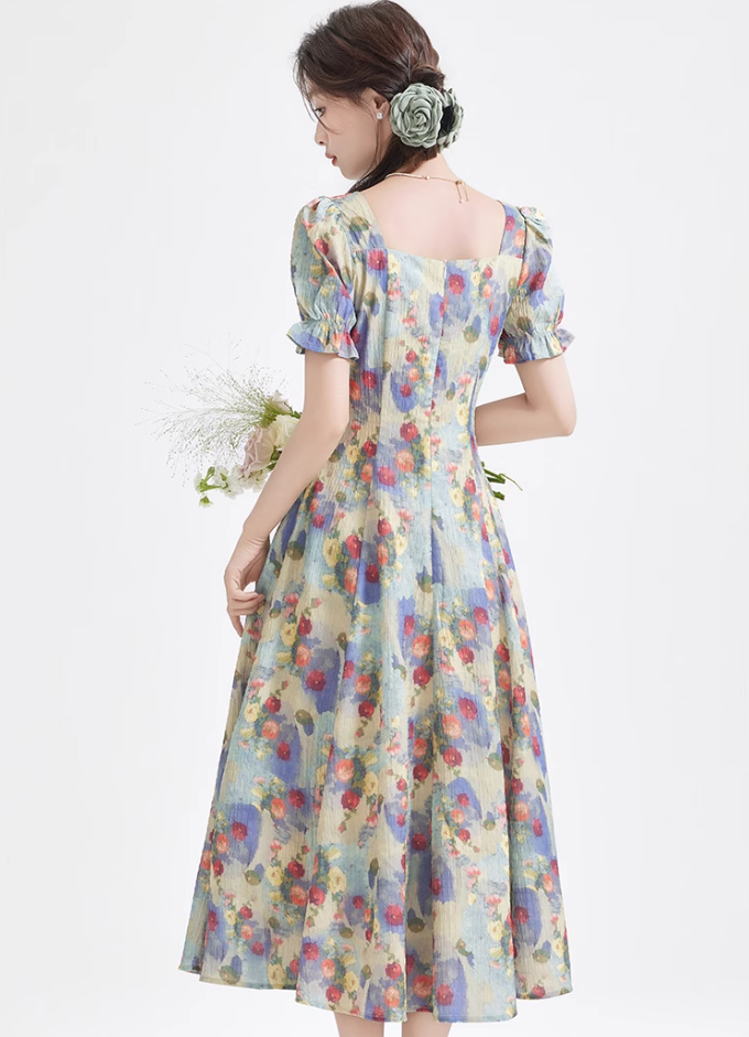 Tea break French retro oil painting dress new beach dress holiday super fairy dress R2389