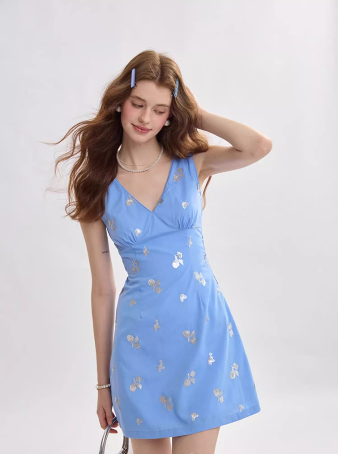 French suspender skirt blue short dress floral skirt R2750