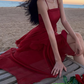 Fairy dress red beach dress vacation travel wear high waist irregular suspender skirt R1581