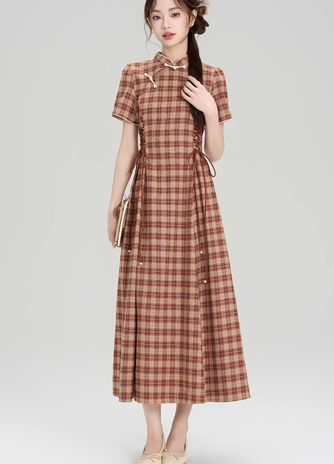 New Chinese style cheongsam dress new slim retro plaid long skirt R2407