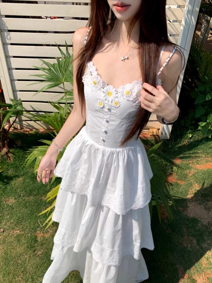 Fairy Qianjinfeng waist skirt daisy flower gentle white moonlight cake dress R1748