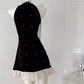 Bowknot halter neck black suspender dress 2025 slim A-line skirt beaded diamond bottoming skirt R0283