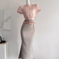 Lantern Sleeve Top Satin Orchid Tulle Asymmetric Skirt R2035