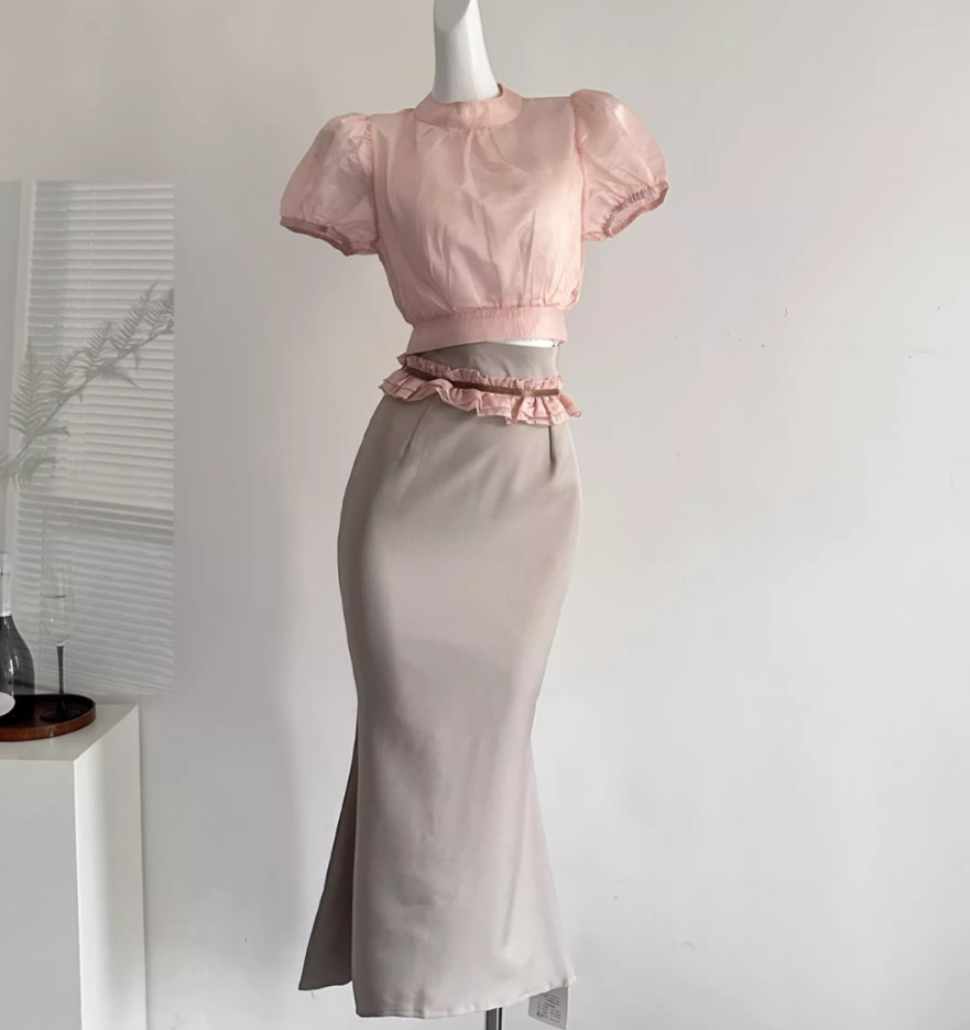Lantern Sleeve Top Satin Orchid Tulle Asymmetric Skirt R2035