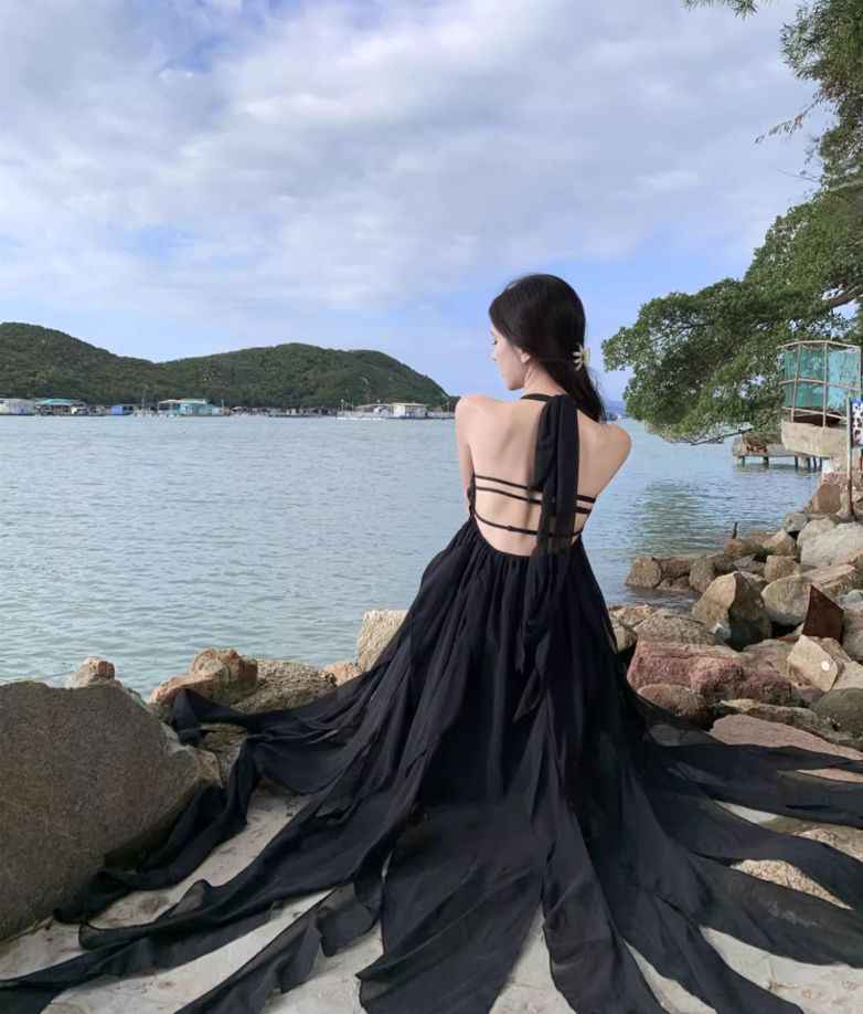 Black sexy tube top long skirt elegant and fairy irregular hem halter neck backless beach dress R1618