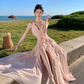 Ruffled V-neck halter dress beautiful waist A-line long skirt R0566