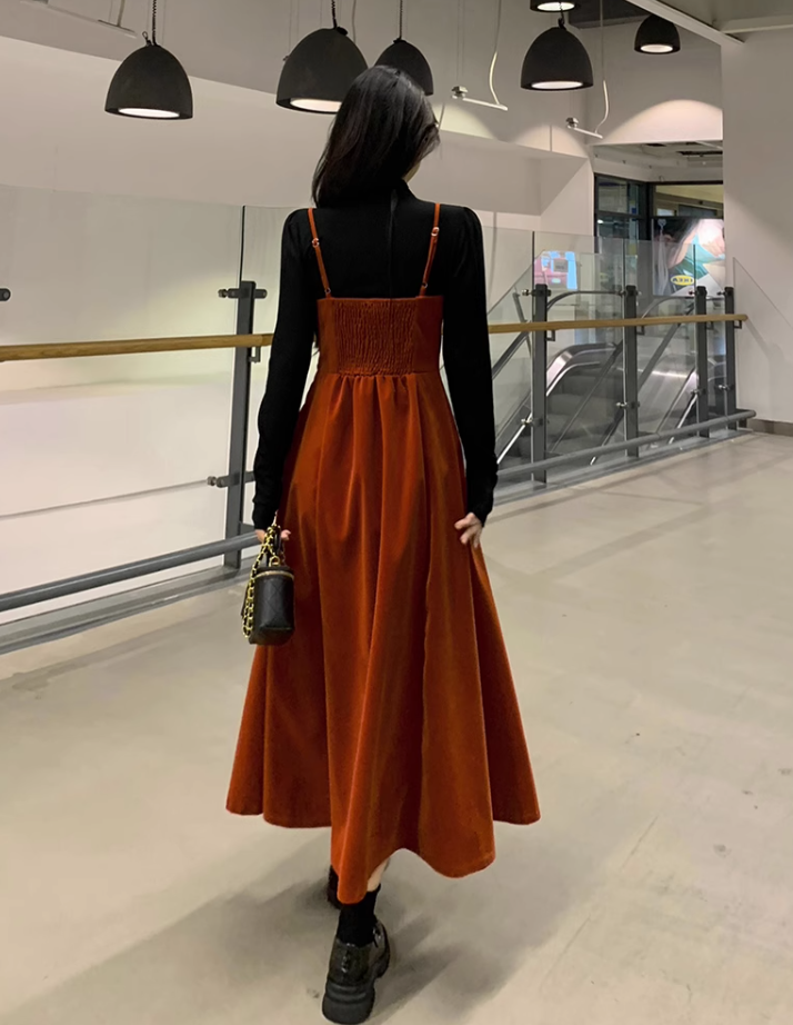 Fairy French retro velvet suspender skirt slim fit waist long skirt dress R1722