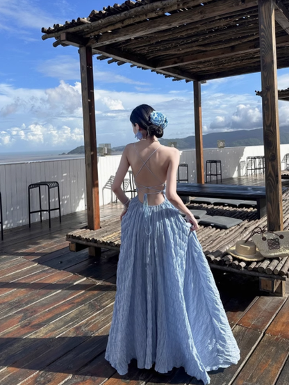 Super fairy blue pure desire holiday style backless dress with large skirt and suspenders R0232
