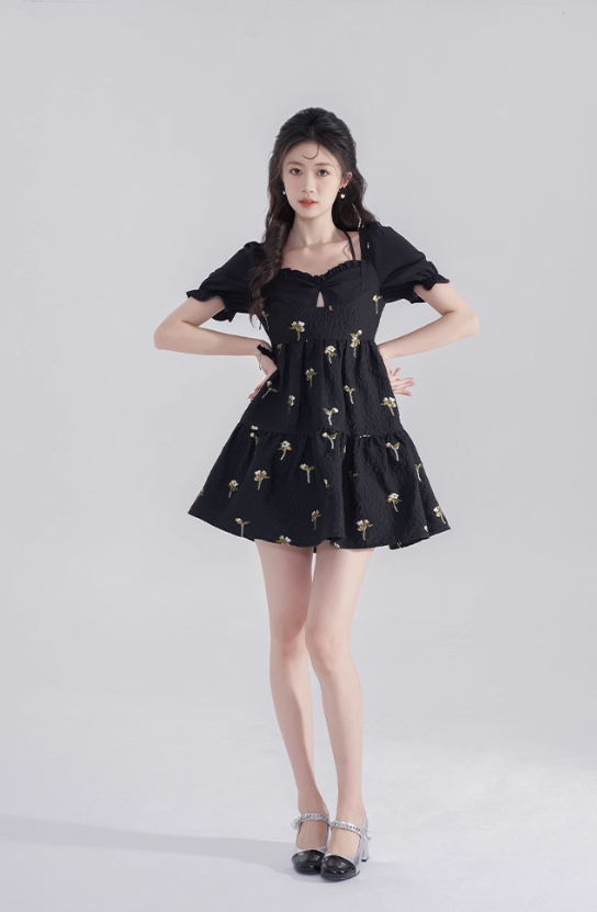 Black hollow high-end short skirt sweet jacquard baby doll skirt summer back bow dress for women R4114