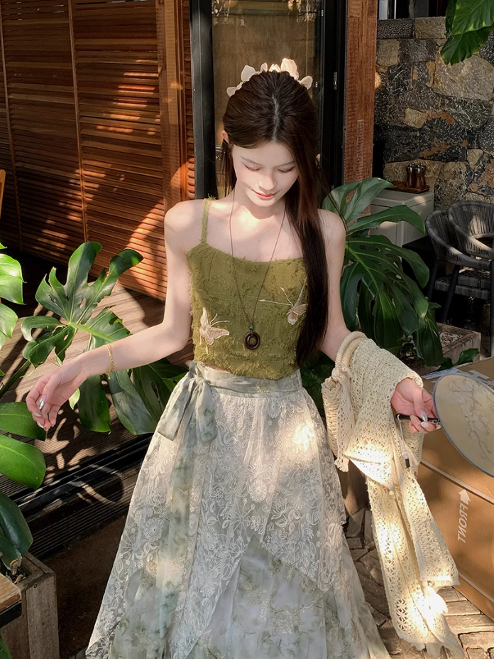 Fairy new Chinese suit butterfly embroidery sling ink dyeing skirt sweater a complete set R1747