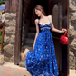 Lace stitching U-neck floral long dress French romantic holiday Klein blue suspender dress R1727