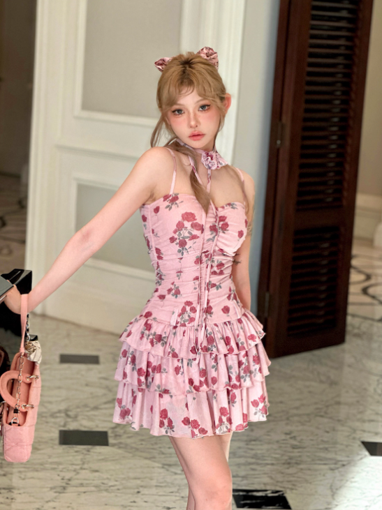 Rose mesh lotus leaf cake skirt waist strap dress R5254