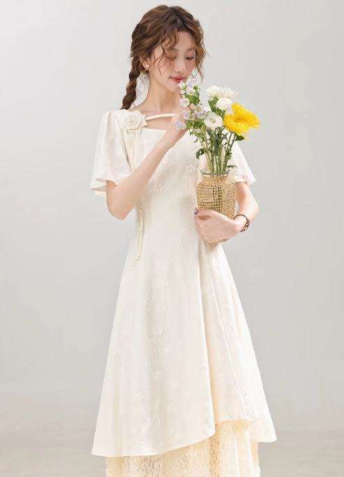 French gentle style apricot dress for women summer new waist slimming dress R1912