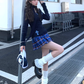 Large size American high street V-neck sweater bottoming sling retro plaid skirt suit R1857