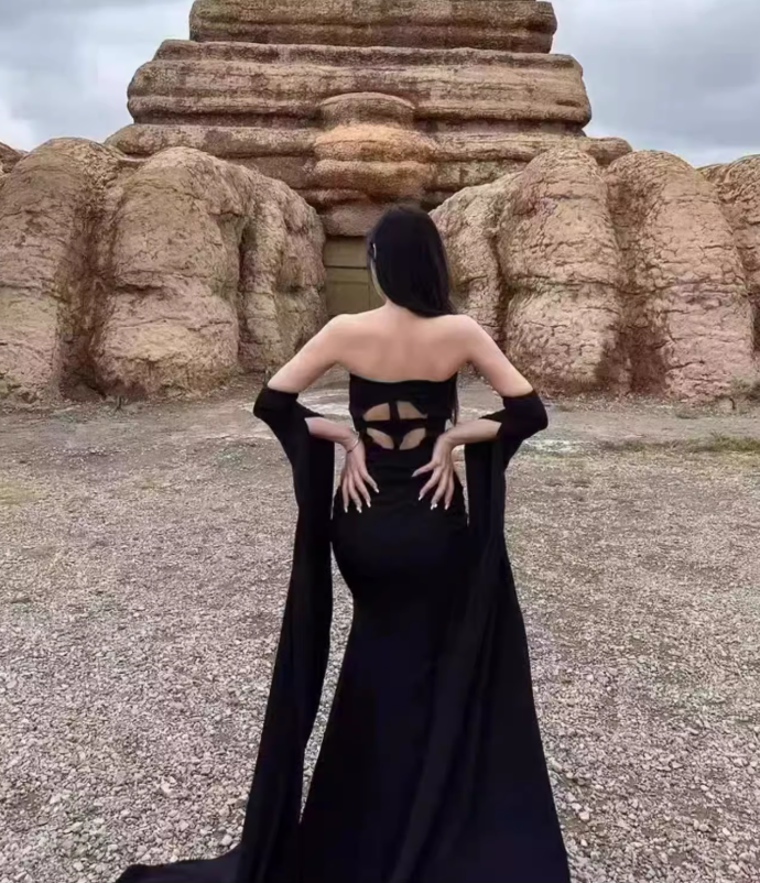 Travel photo skirt red dress desert travel outfit black ribbon evening dress long skirt R1566