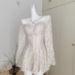 High-grade low-cut white heavy lace trumpet sleeve short long-sleeved dress R2025
