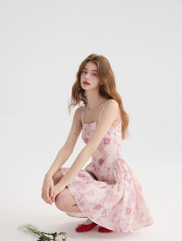 Floral suspender skirt outfit with waist-pinching dress pink short skirt for women in summer R3458