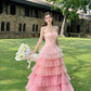 Pink and white suspender waist slim cake skirt dress, prom dress R5289