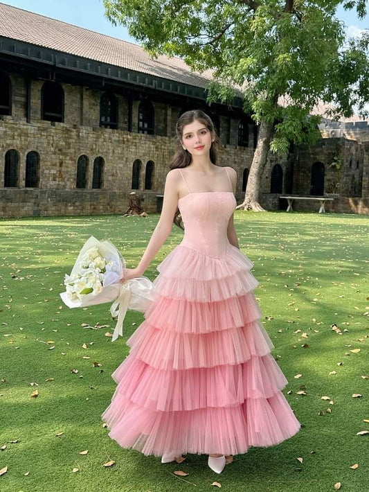 Pink and white suspender waist slim cake skirt dress, prom dress R5289
