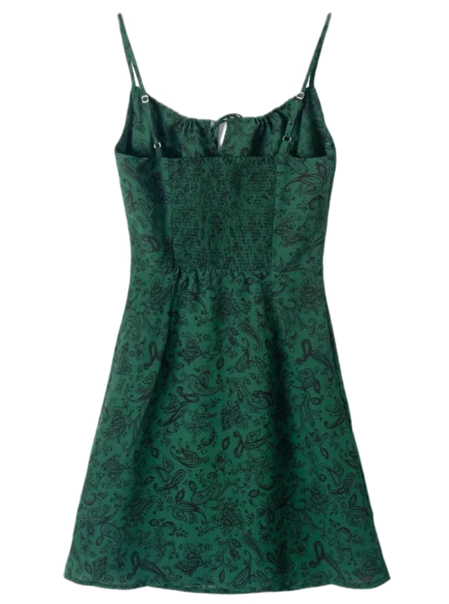 2025 Summer New Retro Sexy Floral Green A-line Short Suspender Dress R0934