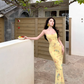 Yellow suspender dress 2025 sexy slim long skirt waist hip skirt R0582