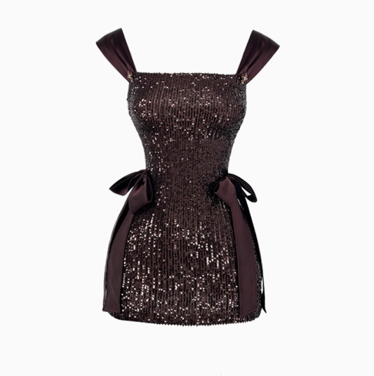 Thousand gold sequined suspender dress 2025 pure desire style bow tie hip skirt R1410