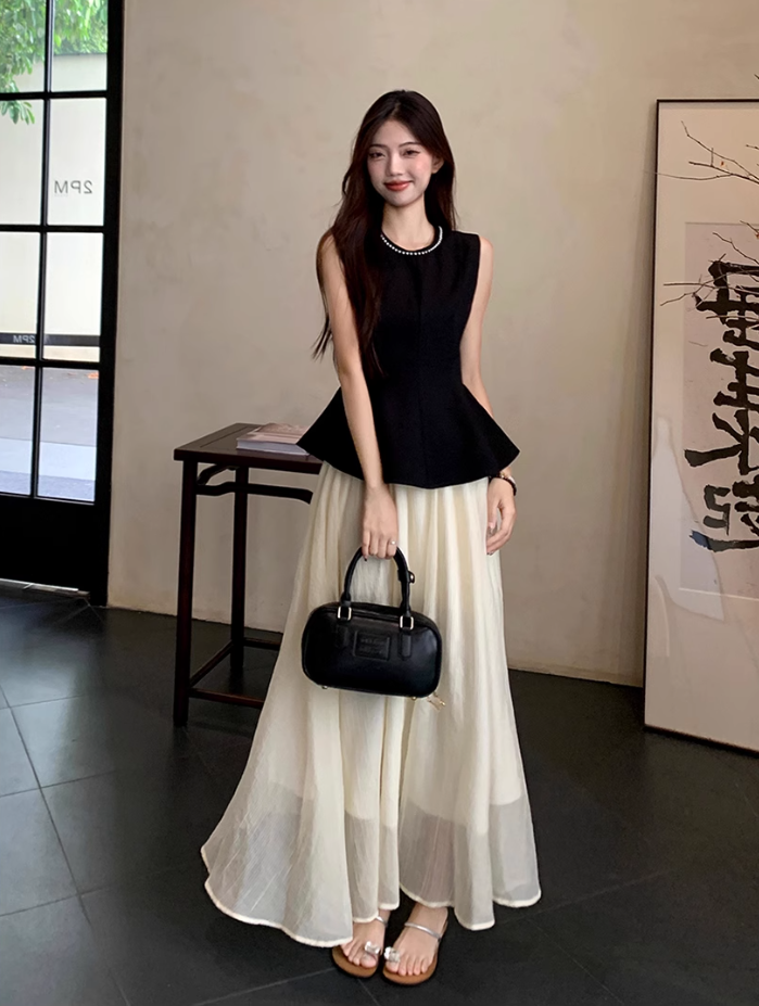 Fairy retro new Chinese suit sleeveless black vest blouse top high waist skirt two-piece suit R1713