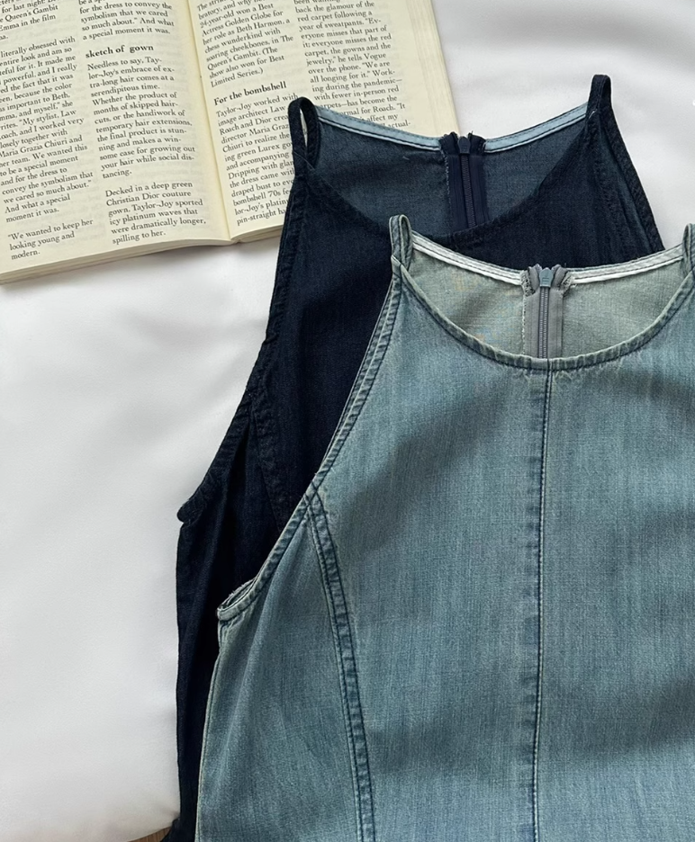 Washed suspender denim dress summer new French style slim swing suspender dress R2188