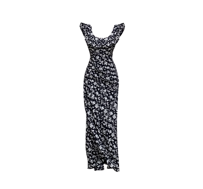 Tea break dress 2025 new dating rose island floral black dress medium-length ruffled skirt R0179